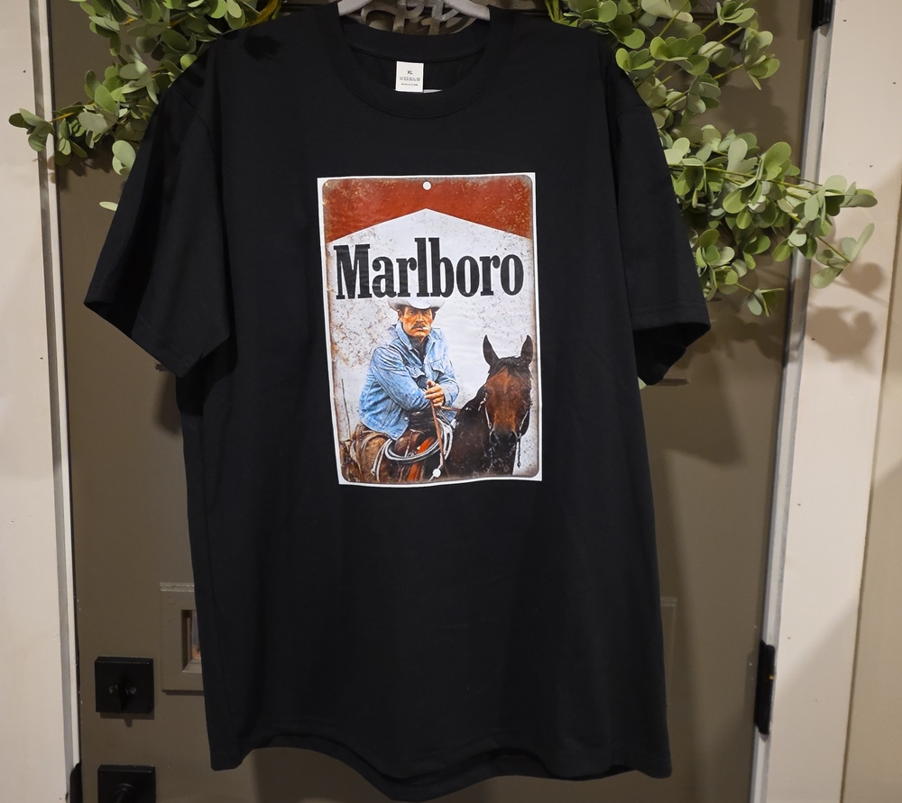 Marlboro Black Tee with Western Cowboy Graphic. Plain Back.